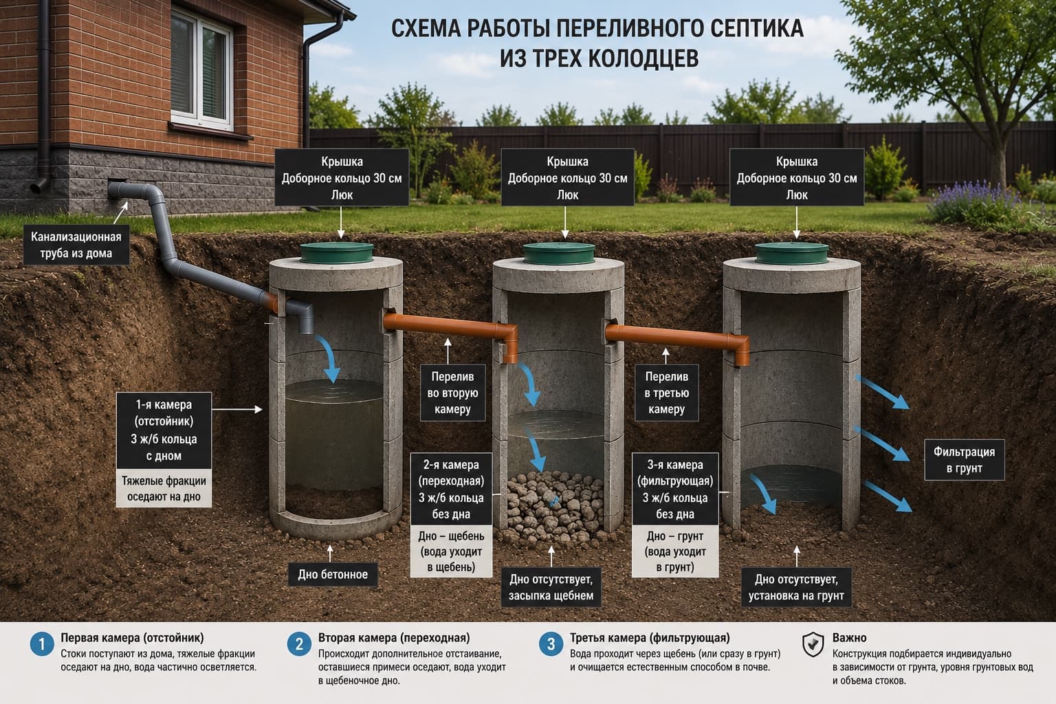 Схема работы переливного септика из трёх бетонных колодцев